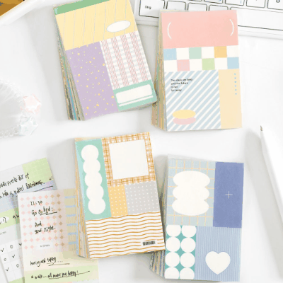 カフェ風 ペーパーノート 素材紙メモ紙 ミニノート 幾何学枠 チェック柄 ストライプ柄 ハート 100枚入