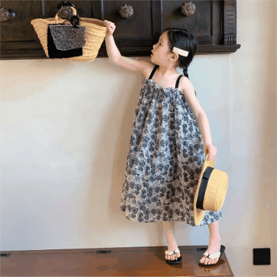 春夏 韓国風子供服 ガール シフトドレス 吊りスカート バックレス 花柄 薔薇 ワンピース ワンピ 90-150