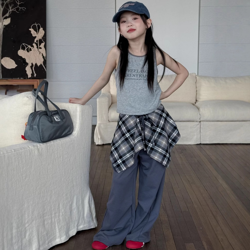 2025夏新★子供服　トップス&ズボン(格子エプロン付き)★90〜150cm