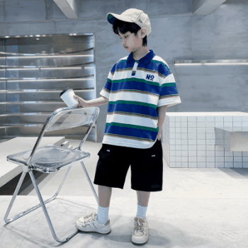 お勧め 春夏新作 男の子 Tシャツ+ハーフパンツ 半袖上着 ボーダー柄 ポロシャツ 韓国風子供服 120-170