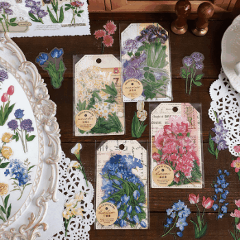 春夏新作 文具 PETシール貼紙 封口貼 手帳素材 植物図鑑 花フラワー アンティーク 30枚入