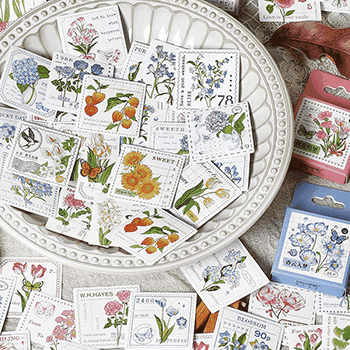 春夏新作 文具 シール貼紙 封口貼 手帳素材 植物花葉蝶 アンティーク 幾何学 イラスト 46枚入