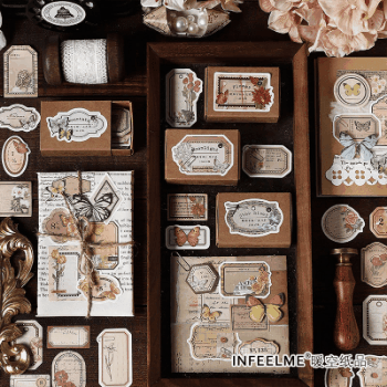 カフェ風 文具 手帳素材 アンティーク 植物花葉蝶 幾何学ラベル イラスト メモ紙素材紙 45枚入