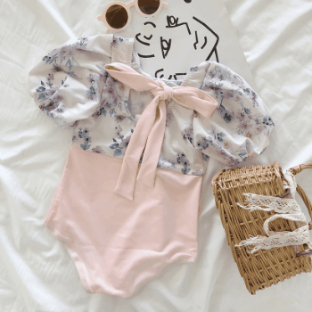 お勧め 春夏新作 韓国風子供服 女の子 キッズ 花柄 リボン 帽子+ワンピース水着 連体水泳服 半袖 S-L