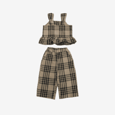 お勧め 2023夏女の子 フリル チェック柄 キャミソール サスペンダー ノースリープトップ+パンツ 90-140