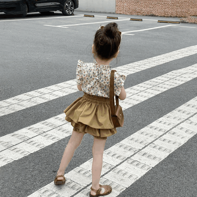 サマー キッズ ガールズ ショートパンツ フリル ブラウス キュロット ボタニカル シャツ+パンツ 90-140