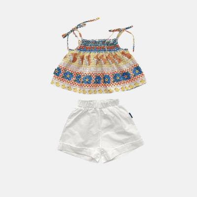 サマー ガールズ ショートパンツ フリル ウサギ チェック柄 ノースリープ キャミソール+パンツ 90-140