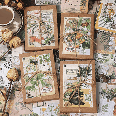 ステッカー シール アンティーク アニマル フルーツ 植物花葉 イラスト ラベル 貼紙80枚+素材紙120枚