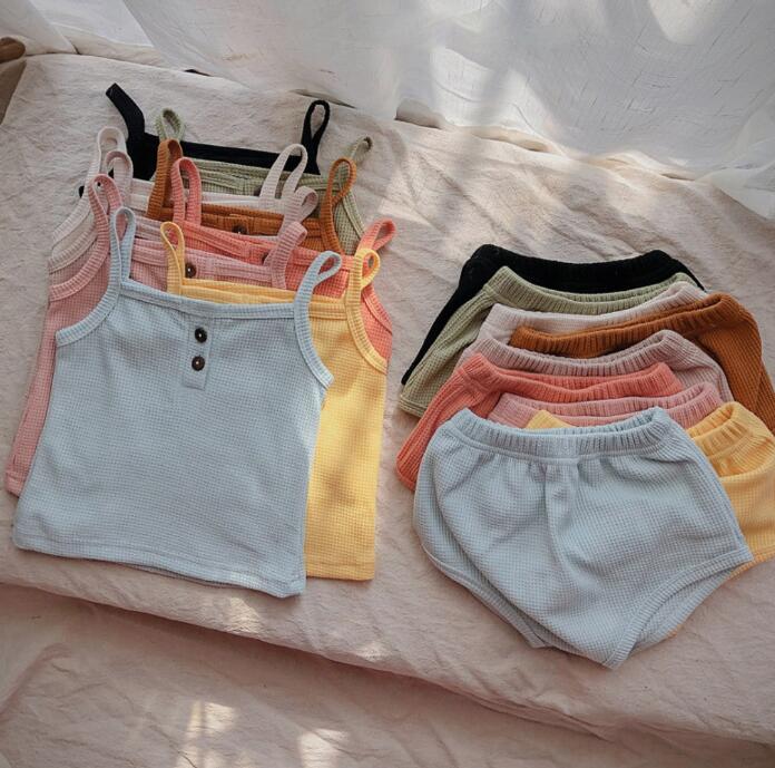 子供服★トップス+パンツ★セットアップ★韓国子供服★ベビー★袖なし★無地★7色★70-100CM