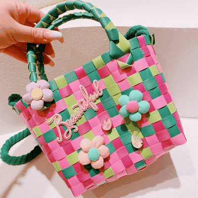 春夏 キッズ子供 ポシェット かごバッグ 編みバッグ 小花 チェック柄 ハンドバッグ ショルダーバッグ