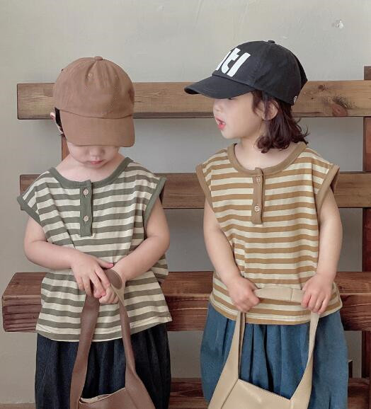 子供服★トップス★ストライプ★韓国風子供服★キッズ★ノースリーブシャツ★2色★80-130CM