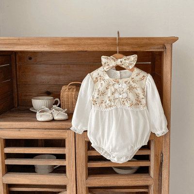 秋冬新作 ガールズ 連体服 リボン フリル 花柄 ヘアバンド+ロンパース カバーオール 66-90