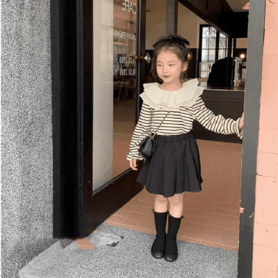 秋冬新作 オシャレ春秋 ガールズ プルオーバー フリル ボーダー柄 Tシャツ プリーツスカート 7-15