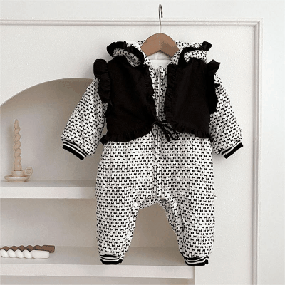 秋冬 ユニセックス 連体服 キルティング リボン 裏ボア裏起毛 フード付ロンパース カバーオール 66-90