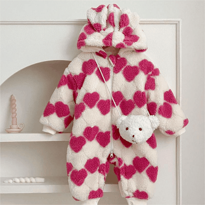 秋冬新作 ガールズ ベビー連体服 ハート ポンポン 熊 ボア裏起毛 フード付ロンパース カバーオール 66-100