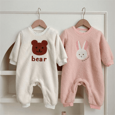 秋冬 ユニセックス 連体服 0-3歳 熊兎 ボア裏起毛 防寒 厚手 ロンパース カバーオール 66-100