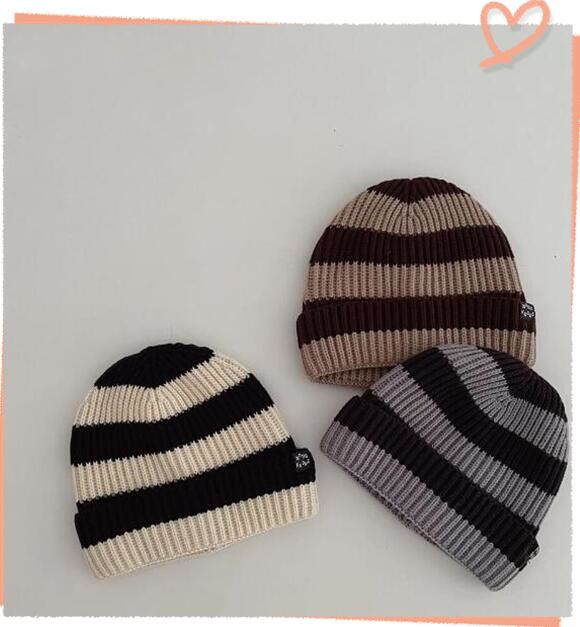 子供用★帽子★キッズ★男女兼用★暖かい★防寒★ニット帽子★ストライプ★3色