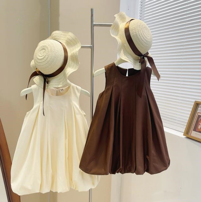 「2024」子供服★ワンピース+帽子★無地★袖なし★キッズ女の子★2色★90-140CM