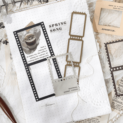 春夏新作 カフェ風 素材紙 カードペーパー アンティーク 幾何学枠 フィルム 切手 10枚入