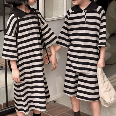 韓国風子供服 ボーダー柄 2024春夏 姉妹兄弟コーデ ワンピース&上下セット トップス+ズボン 90-150cm