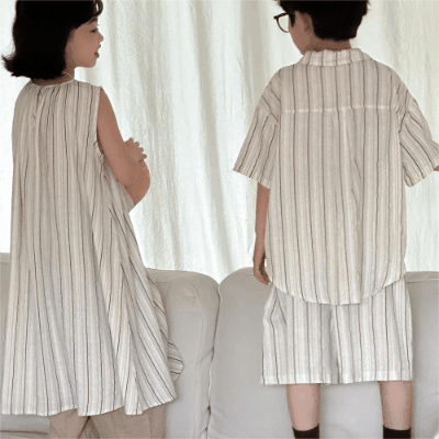 韓国風子供服 ストライプ柄 2024春夏 姉妹兄弟コーデ ワンピース&Tシャツ上着 トップス 半袖 90-150cm