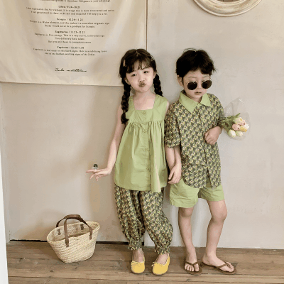 韓国風子供服 2024春夏 姉妹兄弟コーデ 小花柄 上下セット トップ キャミソール シャツ+ズボン 80-140cm