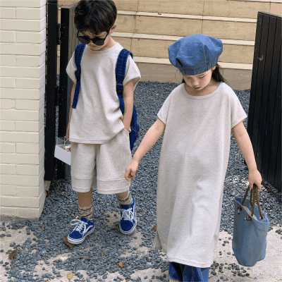 韓国風子供服 2024春夏 姉妹兄弟コーデ ワンピース&シャツ トップス 上着+半ズボン 90-150cm