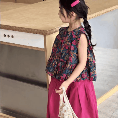 韓国風子供服 春夏 ガール3-8歳 小花柄 ブラウス ガウチョパンツ 袖なし上着 シャツ+ズボン 7-17
