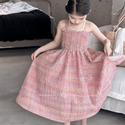 春夏 韓国風子供服 ガール シフトドレス ノースリープ チェック柄 吊りスカート ワンピース ワンピ 7-17