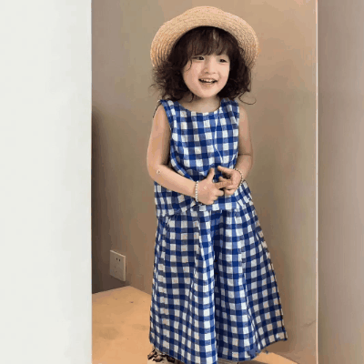韓国風子供服 春夏 ガール3-8歳 チェック柄 ブラウス ガウチョパンツ 袖なし上着 シャツ+七分丈ズボン 7-17
