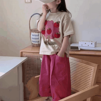 韓国風子供服 春夏 ガールズ 3-8歳 リンゴ ガウチョパンツ 半袖上着 Tシャツ +七分丈ズボン 5-13