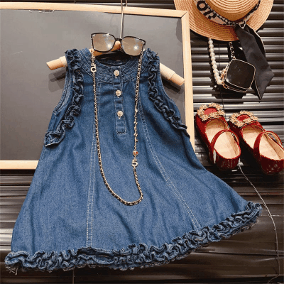春夏 韓国風子供服 キッズ ガール シフトドレス ノースリープ フリル デニム ワンピース ワンピ 7-17