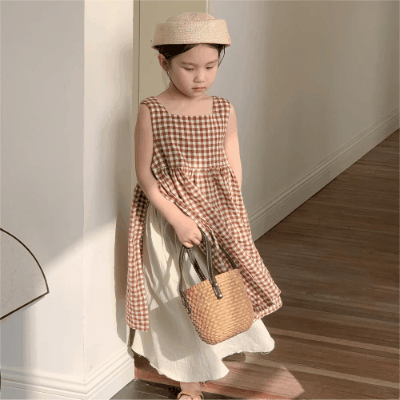 韓国風子供服 ガール シフトドレス ボトムス チェック柄 ロングスカート ワンピース ワンピ 90-150