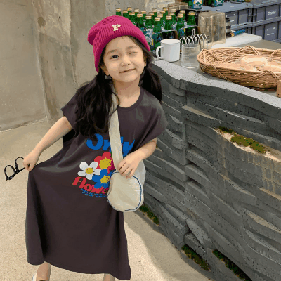 春夏 韓国風子供服 ガール シフトドレス ワンピース ロングTシャツ 花柄 ワンピ 半袖 100-130