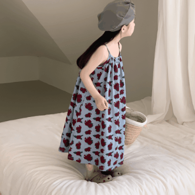 春夏 韓国風子供服 ガール シフトドレス ノースリープ ワンピース 吊りスカート 花柄 ワンピ 2色 80-140