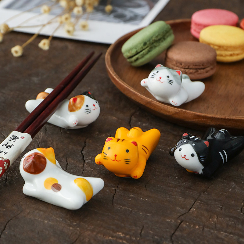 ★陶器工芸品置物★可愛い猫造形箸