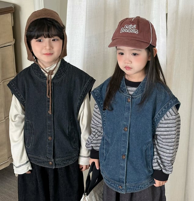 2026秋新品JY★子供服 　デニムベストコート★80cm〜140cm 2色