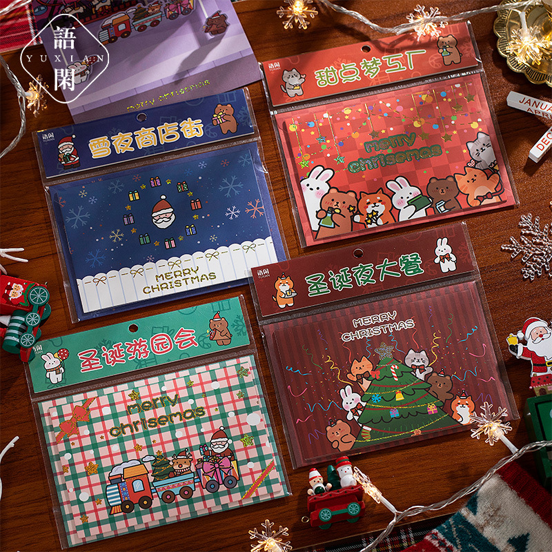 ラッピング 祝い 葉書 ポストカード クリスマス サンタ動物雪の華チェック柄 カード1枚+封筒1枚